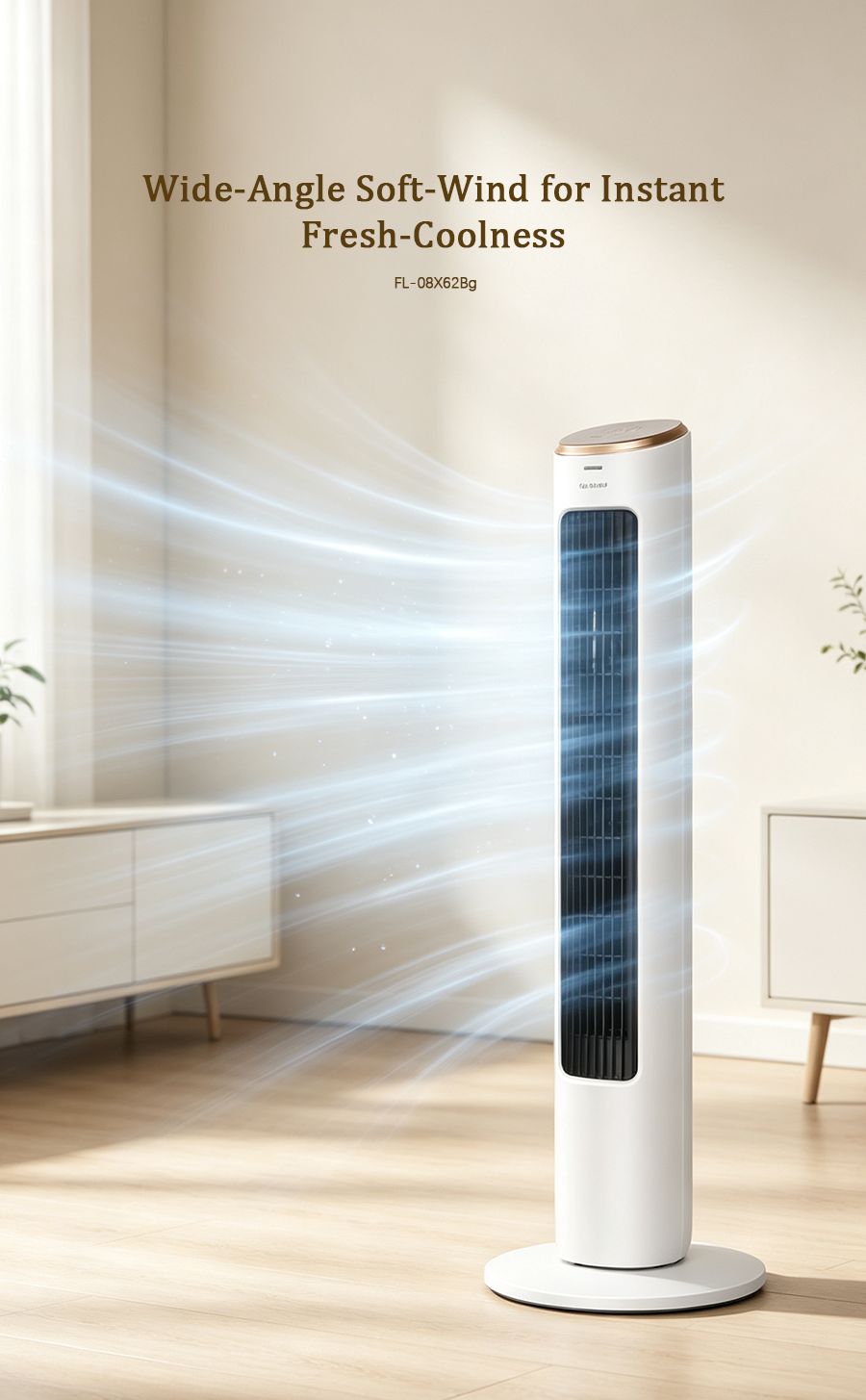Tower Fan FL-08X62Bg, Wide Angle Soft Wind Quiet Tower Fan