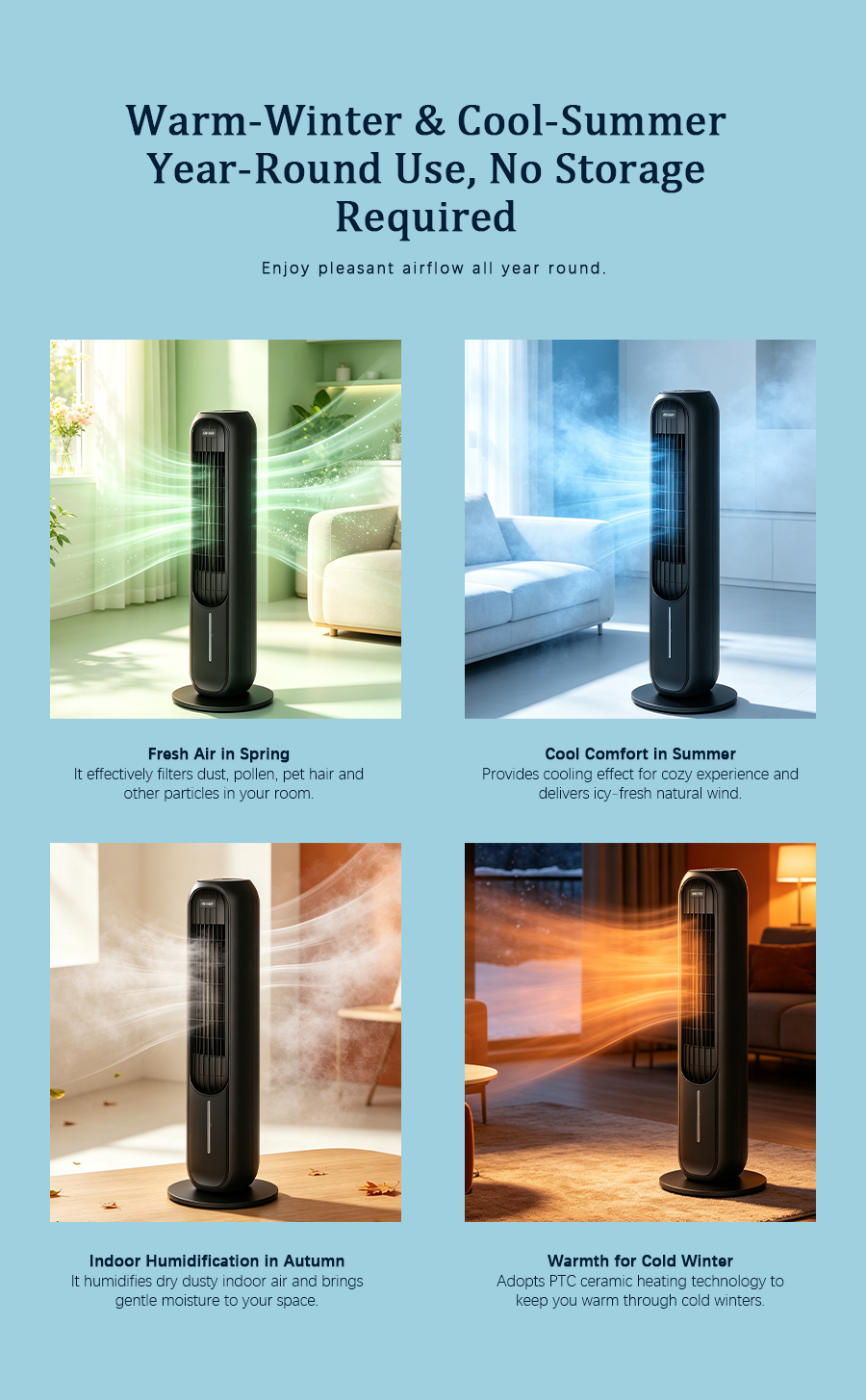 Heating & Cooling Tower Fan, Water Evaporative Air Cooler, Negative Ion Purifier 4-in-1 Heater & Cooling Fan