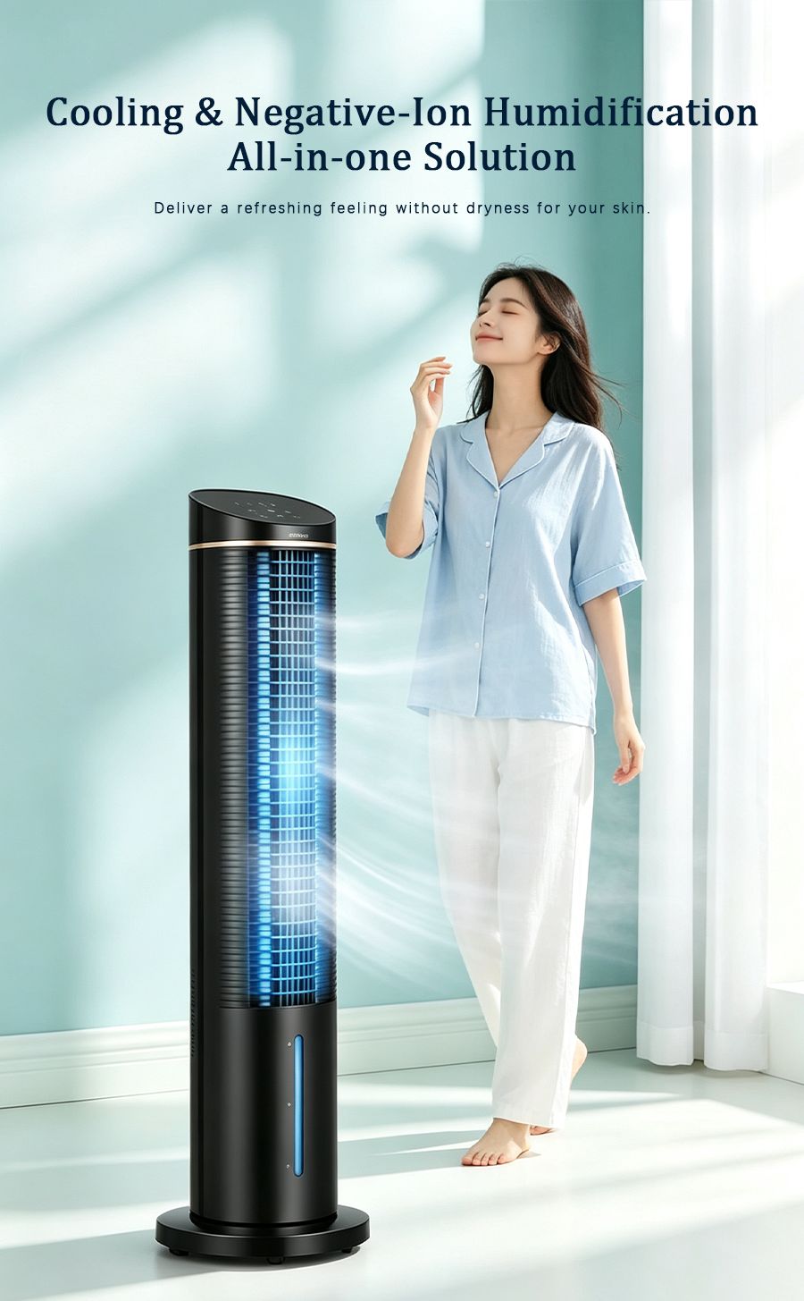 Tower Evaporative Air Cooler, Negative Ion Humidifying Cooling Tower Fan, Quiet Air Cooler with Remote Control