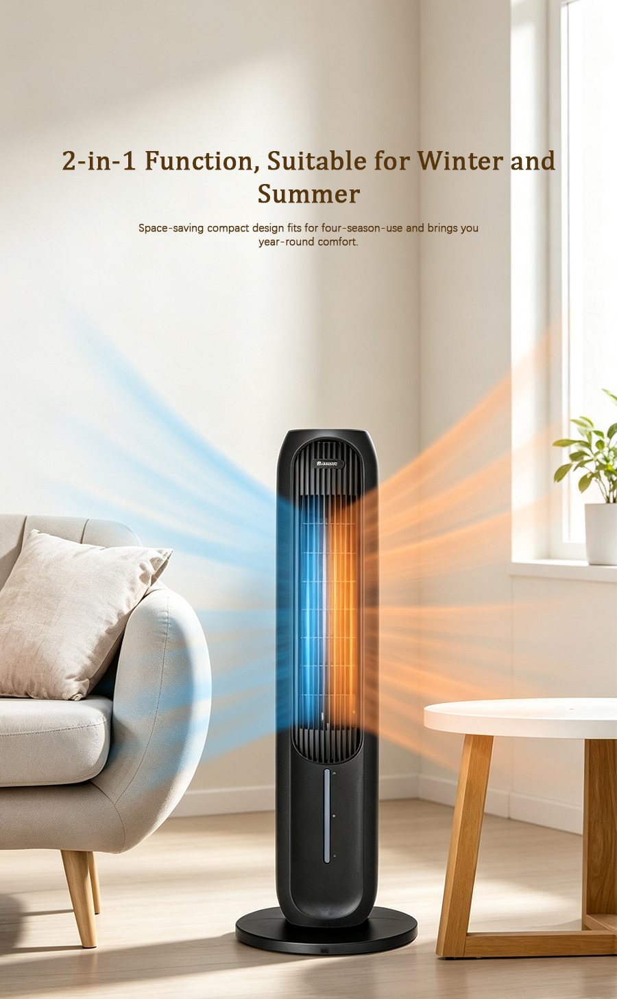 2-in-1 Evaporative Cooling & Space Heating Tower Fan with Humidification, Negative Ion, 80° Oscillation