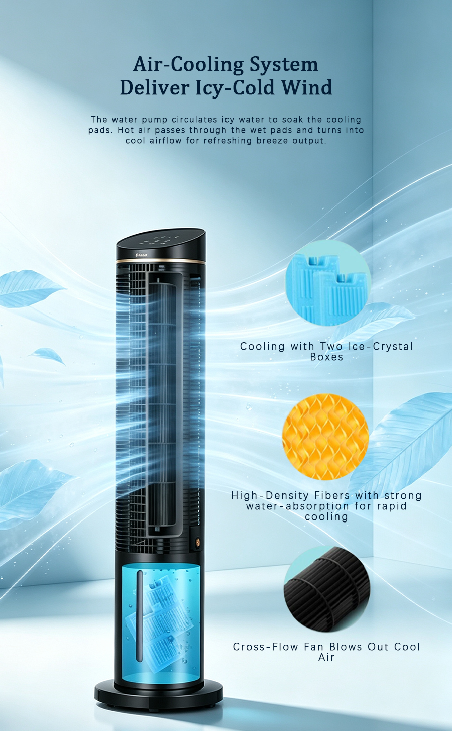 Tower Evaporative Air Cooler, Negative Ion Humidifying Cooling Tower Fan, Quiet Air Cooler with Remote Control