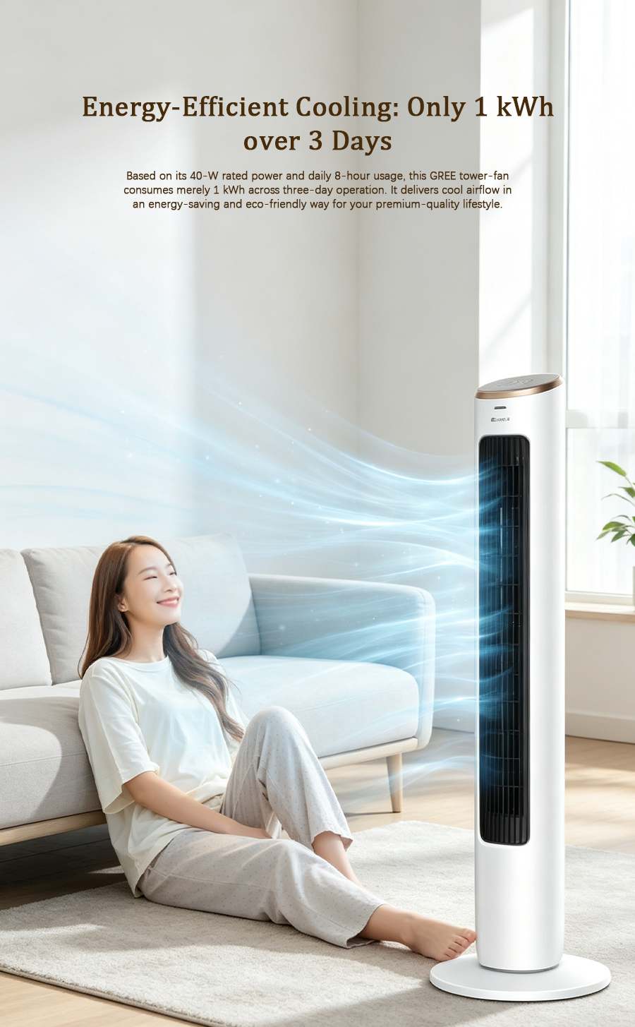 Tower Fan FL-08X62Bg, Wide Angle Soft Wind Quiet Tower Fan