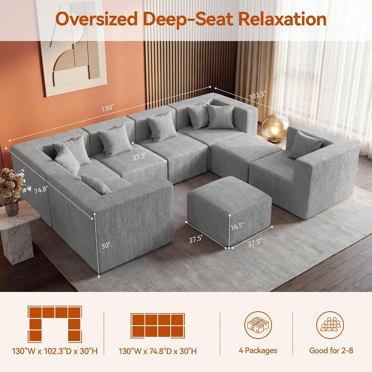 MONVANE 8-Seat U-Shaped Modular Chenille Sectional Sofa — product image 3