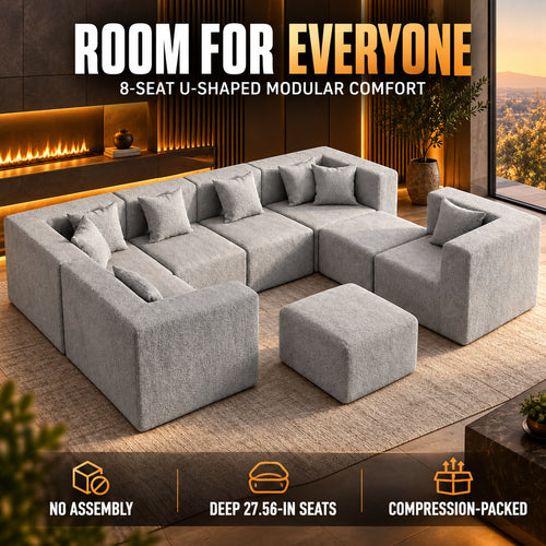 MONVANE 8-seat light grey U-shaped modular chenille sectional sofa with ottoman