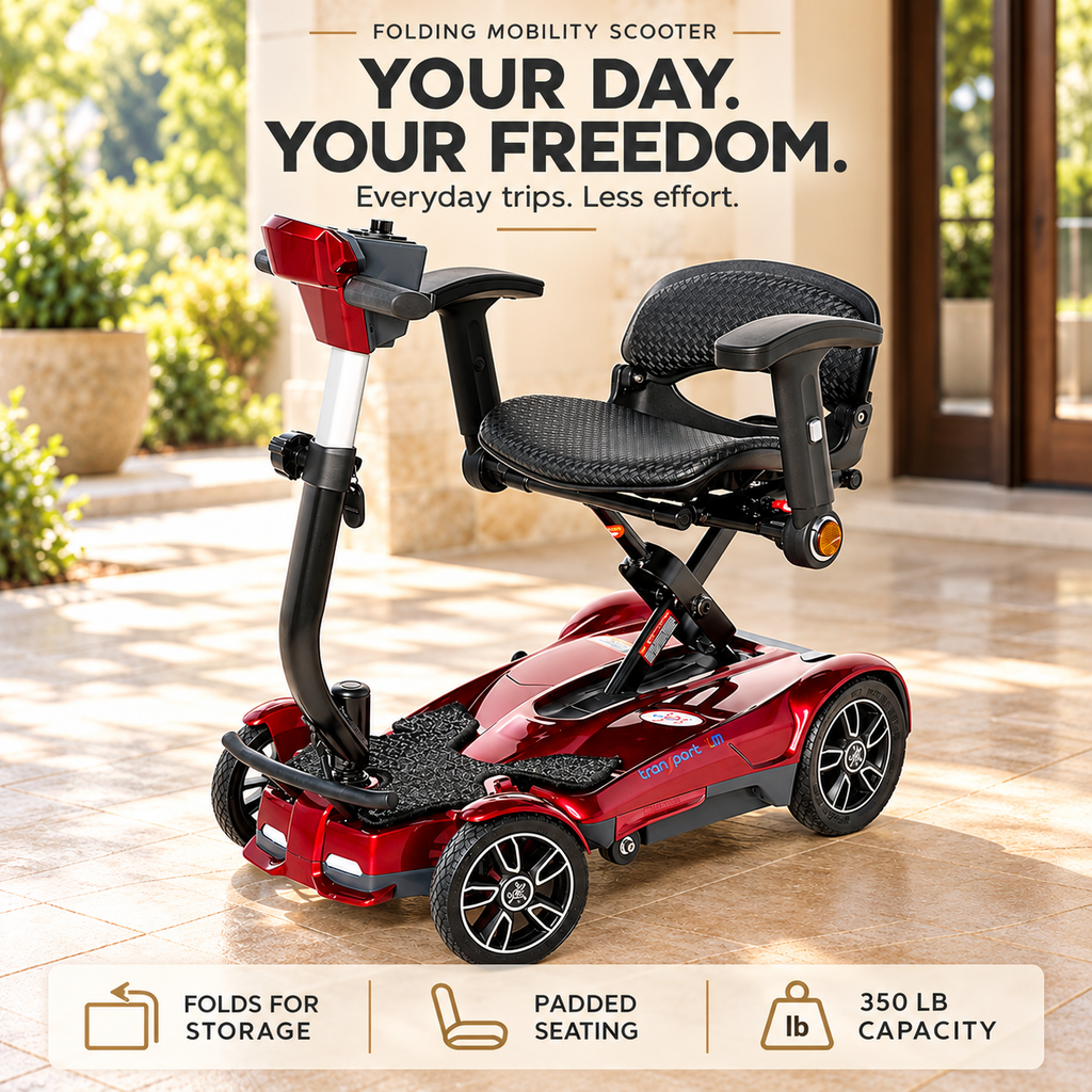 Your day. Your freedom. Folding mobility scooter with padded seating and 350 lb capacity.