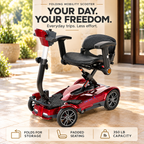 Your day. Your freedom. Folding mobility scooter with padded seating and 350 lb capacity.