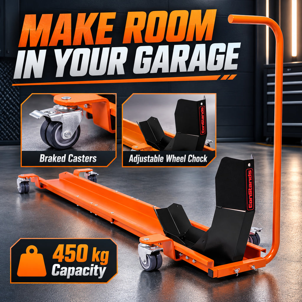 Orange ConStands Smart-Mover motorcycle dolly, 450 kg capacity, adjustable wheel chock and braked casters