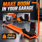 Orange ConStands Smart-Mover motorcycle dolly, 450 kg capacity, adjustable wheel chock and braked casters